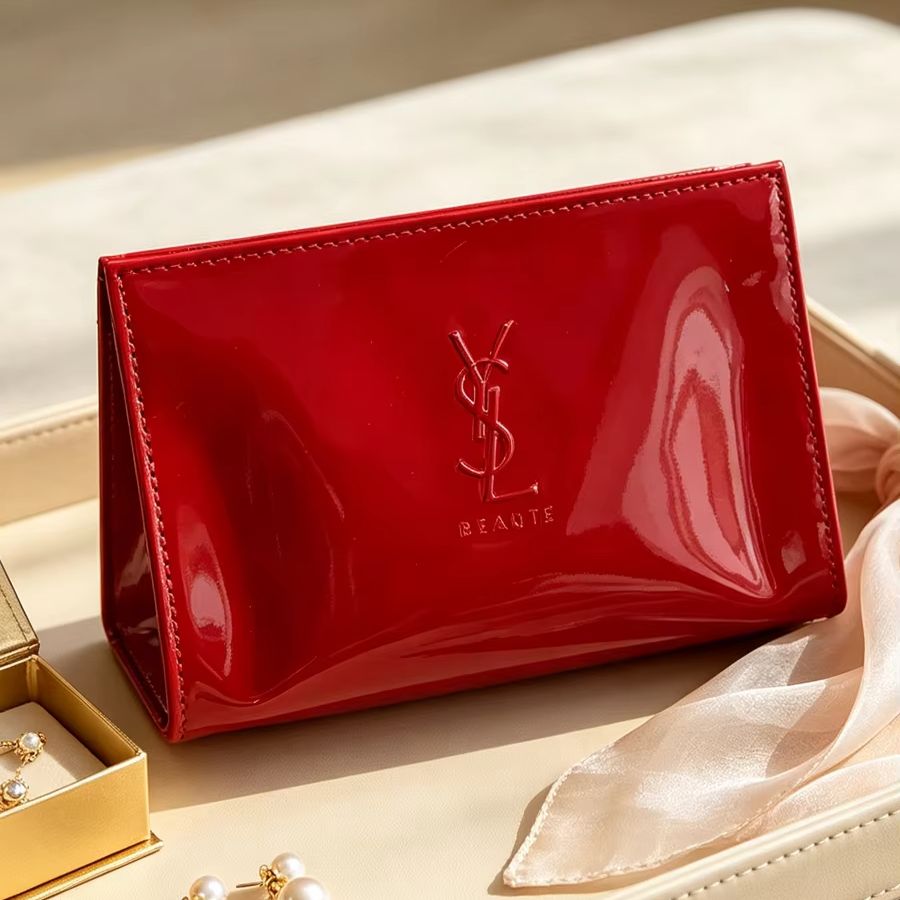 Luxury Skincare Tools - กระเป๋าเครื่องสำอางขนาดเล็ก หนังแก้วสีแดง YSL โลโก้ปั๊มลาย ซิป พกพาสะดวก