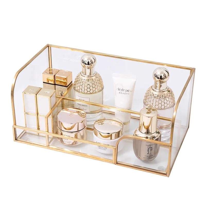 Luxury Skincare Tools - กล่องจัดระเบียบเครื่องสำอางและอุปกรณ์แต่งหน้าบนโต๊ะทำงาน สไตล์หรูหราเบาๆ ชั้นวางผลิตภัณฑ์ดูแลผิว กล่องเก็บของขนาดใหญ่ ทำจากแก้วใส